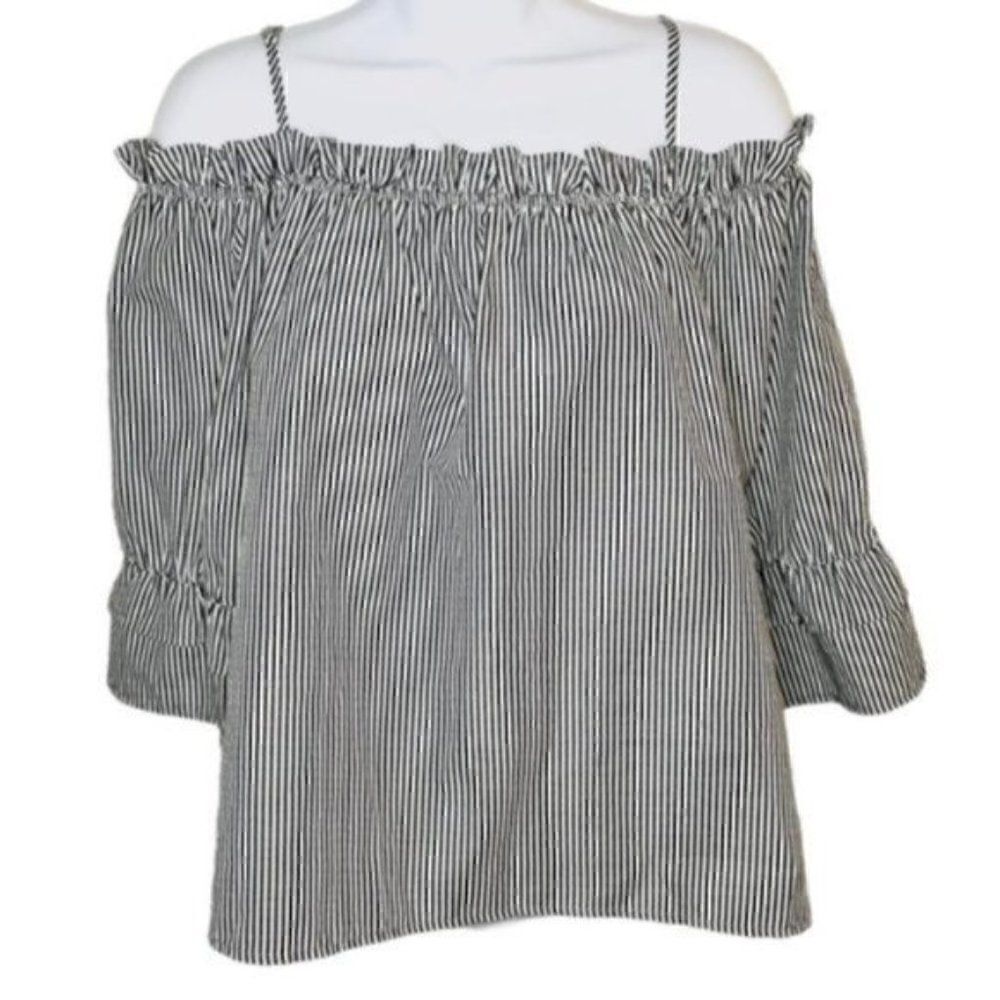Lily White Off Shoulder Ruffle Top Grey Stripe M